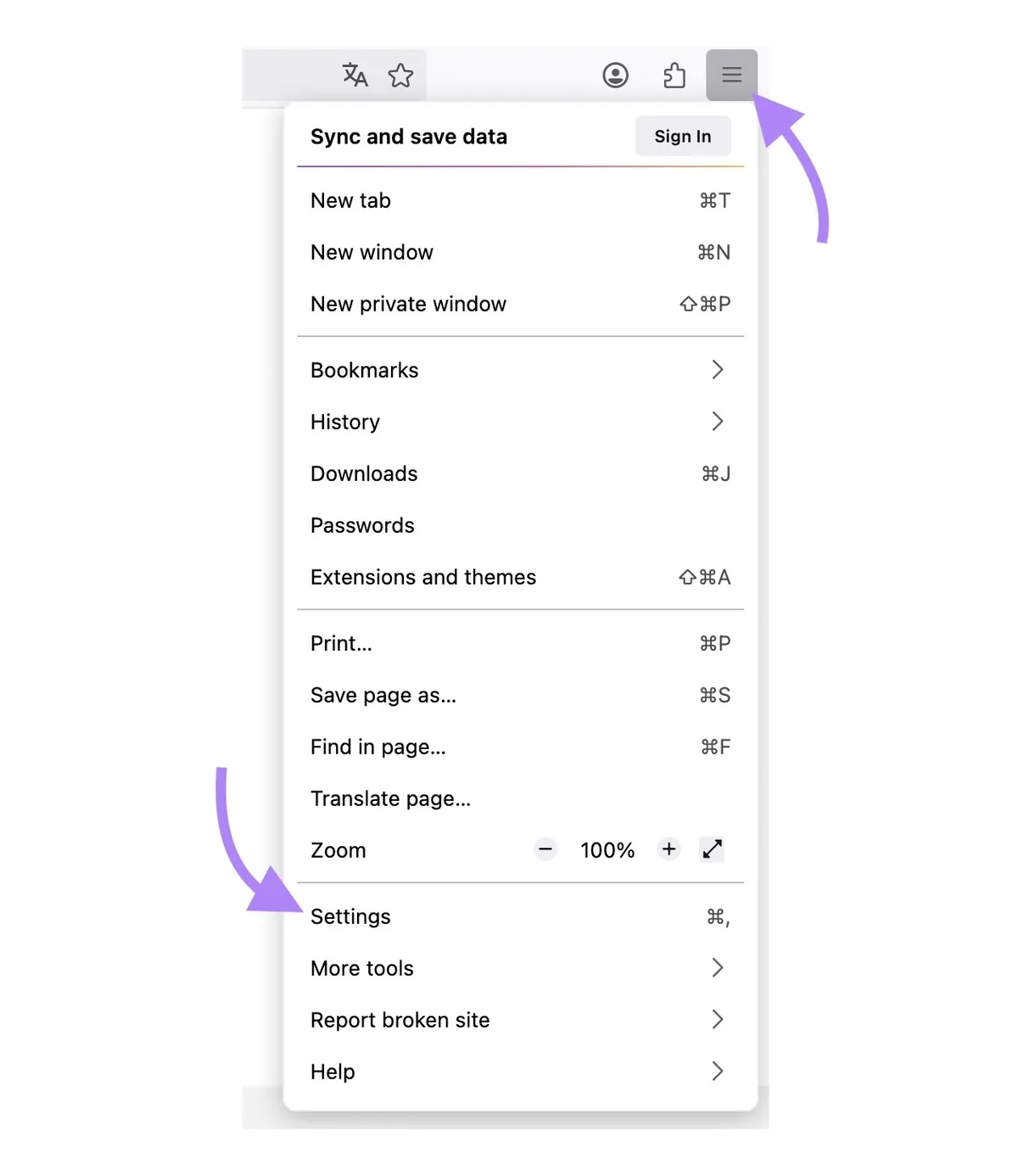 点击 Firefox 浏览器右上角的三条线图标，并从列表中选择“Settings”。