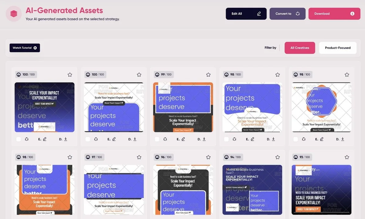 AdCreative.ai 上展示广告多个版本的 AI 生成素材。