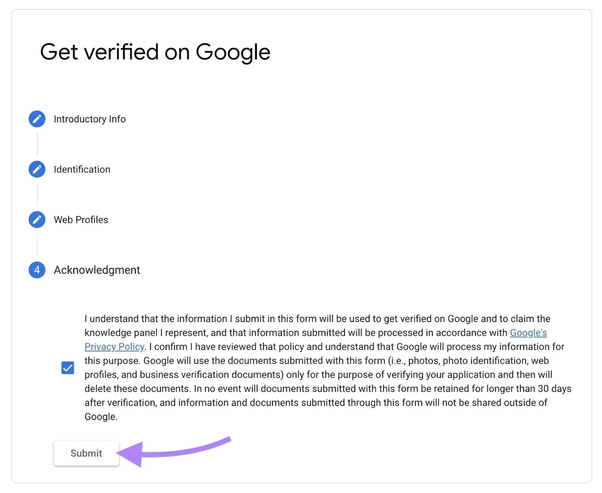 “Get verified on Google”窗口,已点击底部的“Submit”按钮。