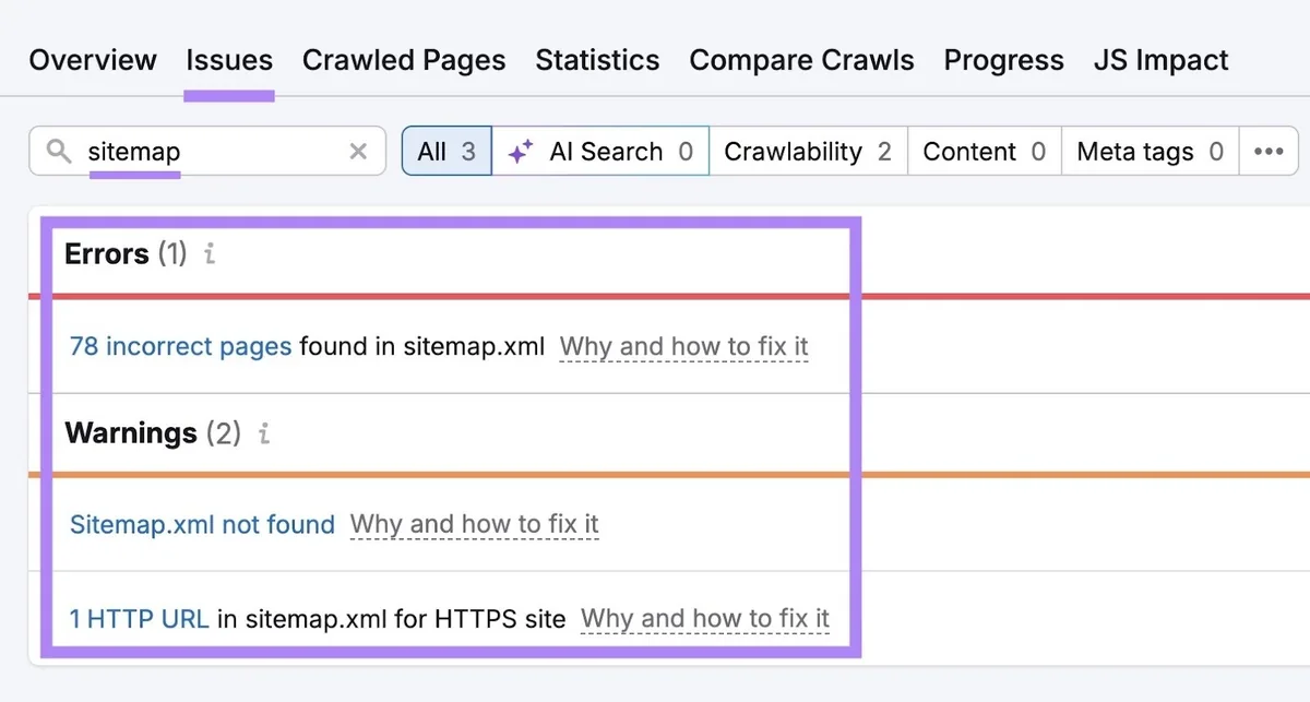Site Audit 上的“Issues”标签页,输入“sitemap”,显示影响某站点的站点地图错误和警告列表。