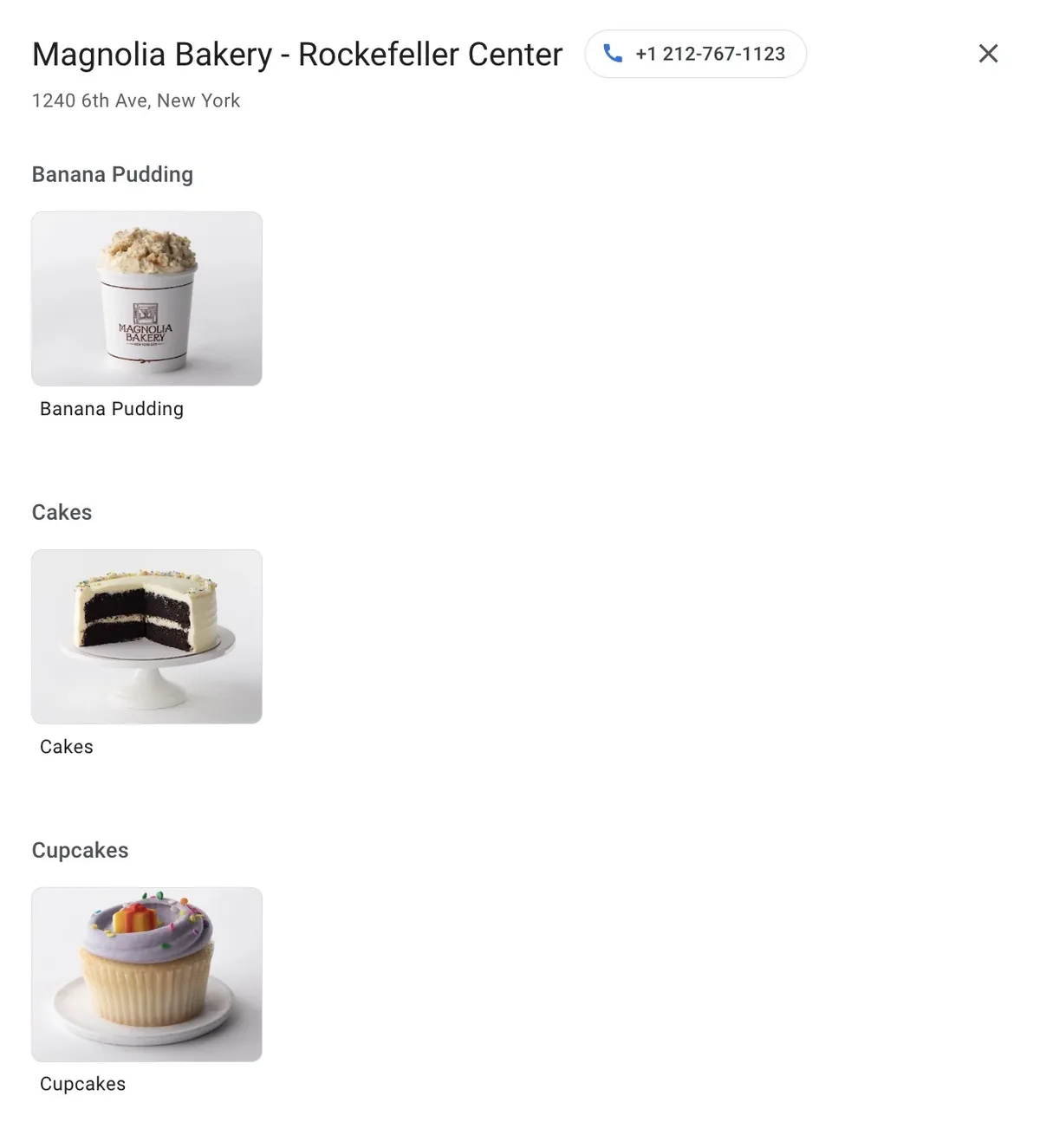 Magnolia Bakery 的 Google Business Profile，展示香蕉布丁、蛋糕和纸杯蛋糕等不同产品。