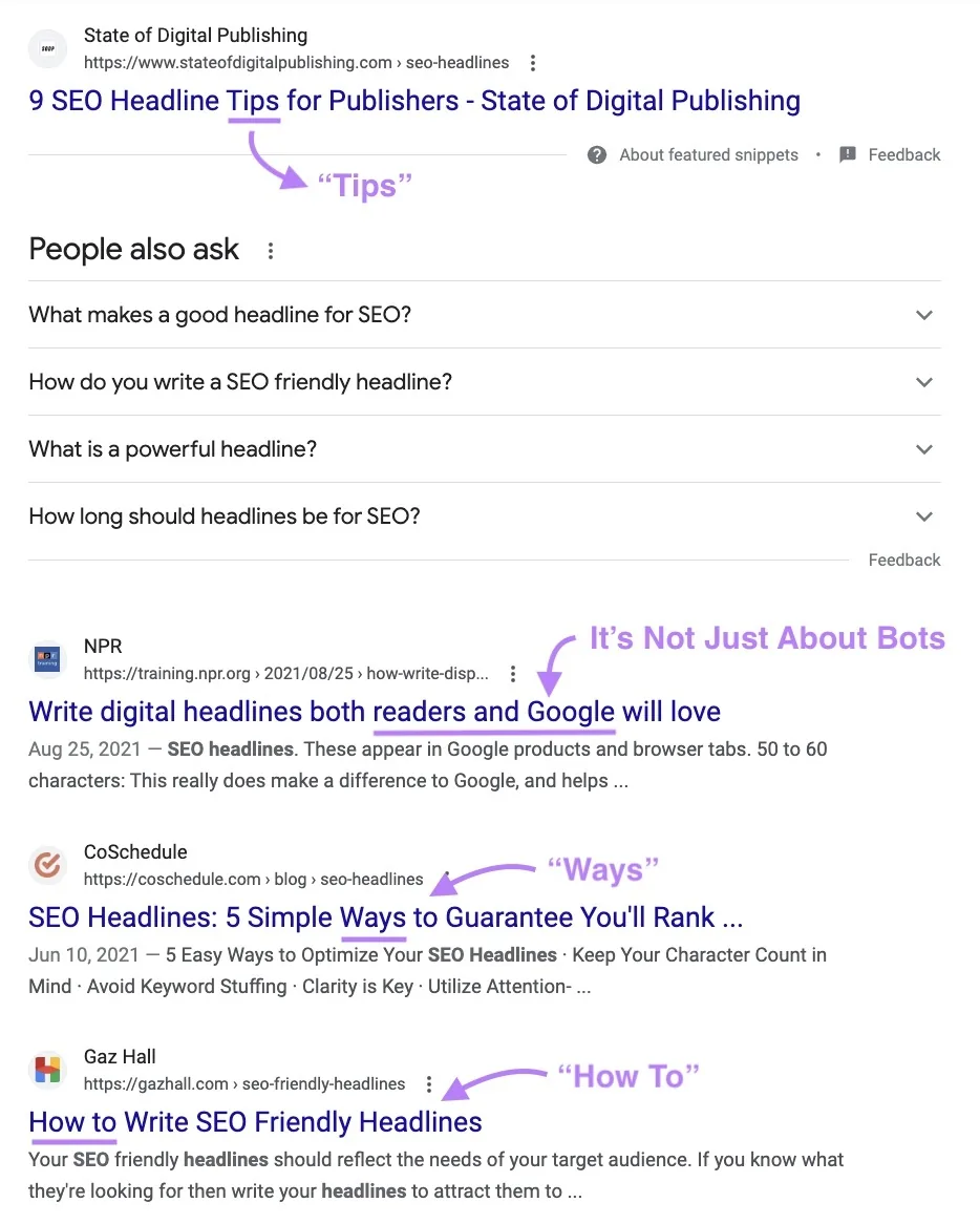 Keyword Overview 中“seo headline”搜索的 Google 搜索结果缓存版本