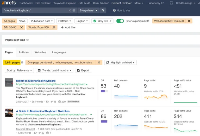 机械键盘的 Content Explorer 搜索结果