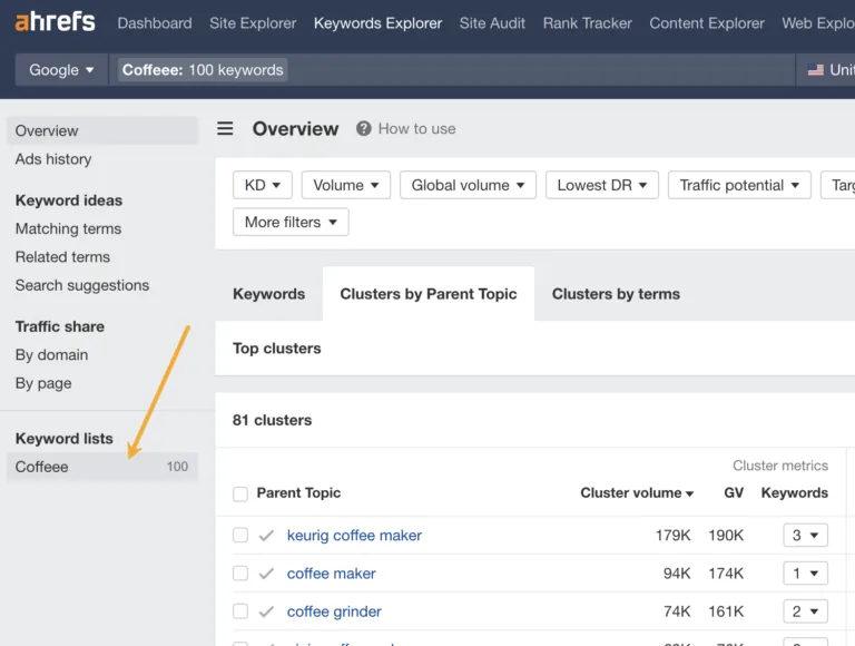 在 Keywords Explorer 中查看关键词列表的集群