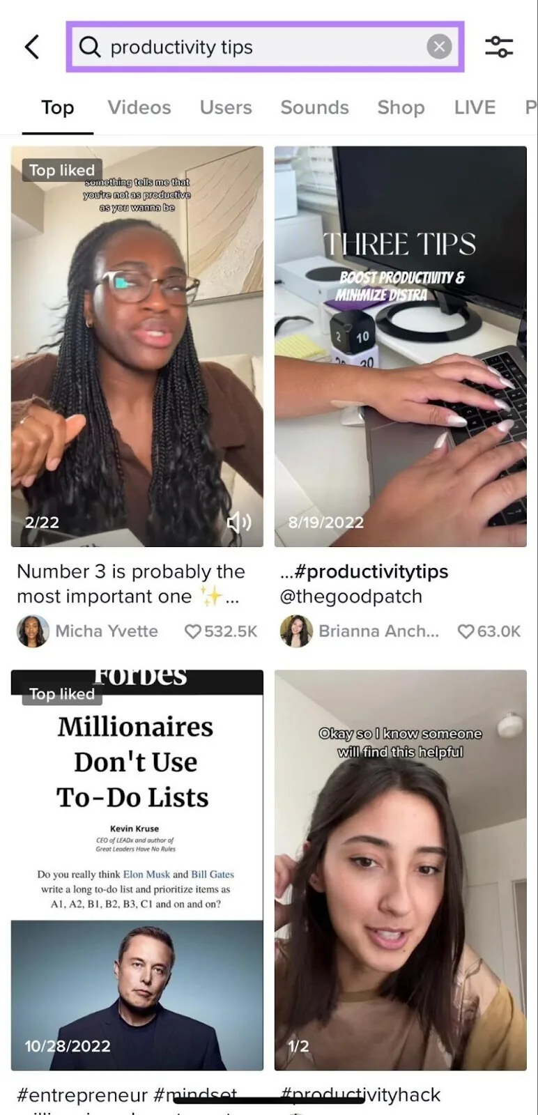在 TikTok 的搜索功能中搜索“productivity tips”