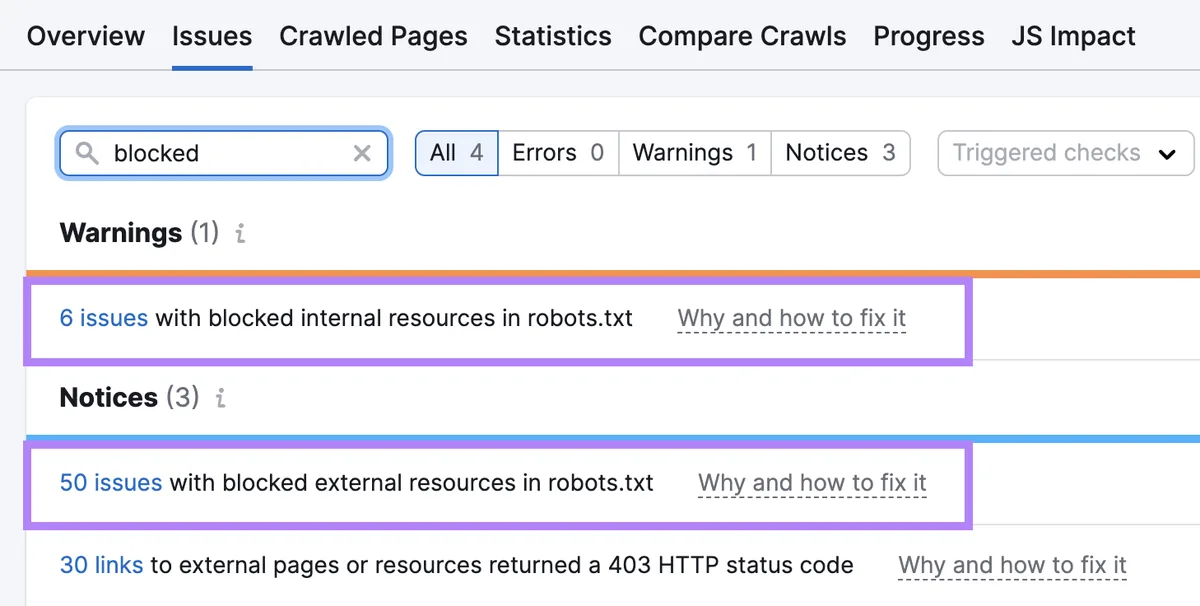 Site Audit 工具中发现的 robots.txt 中被屏蔽的内部和外部资源问题