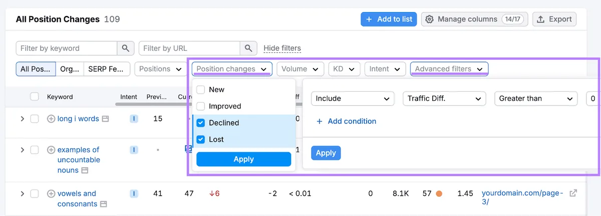 Organic Rankings 工具的“Position changes”筛选器,已选择“declined”和“lost”选项。高级筛选器设为“include traffic different. greater than 0”