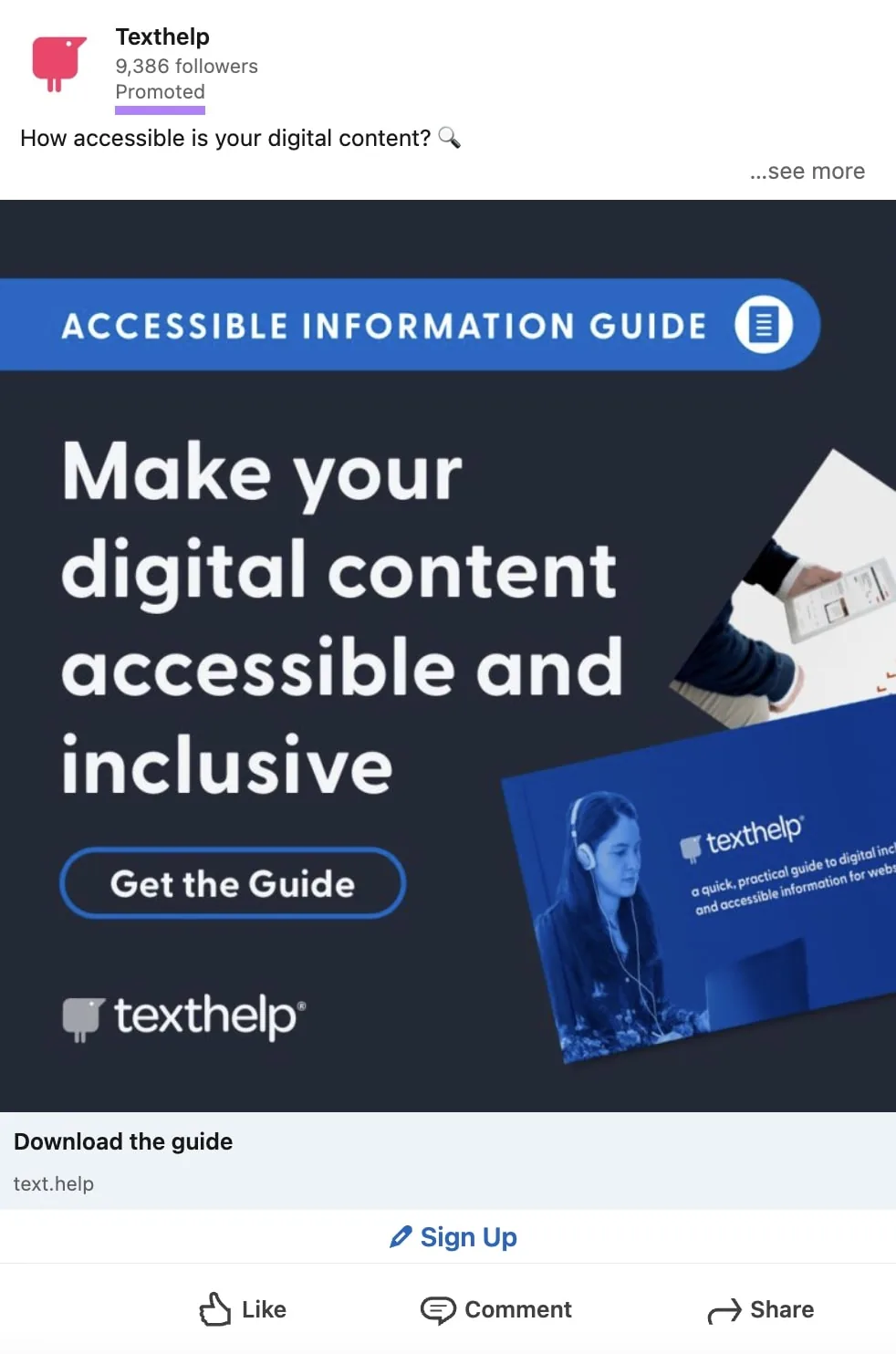 Texthelp 的原生 LinkedIn 广告,推广一份可下载的无障碍信息指南