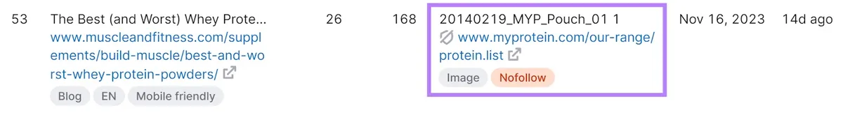 Backlinks 工具中的“Muscle & Fitness”nofollow 链接，其中“Myprotein”链接被突出显示