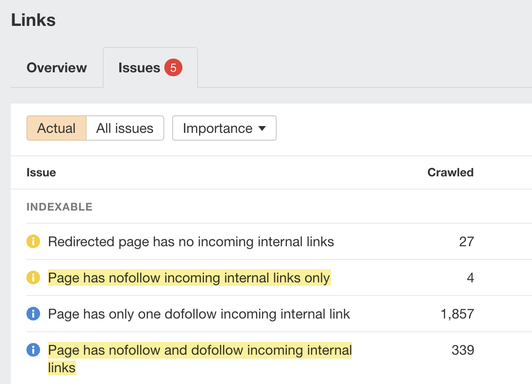 使用 Ahrefs 的 Site Audit 查找 nofollow 的内部链接