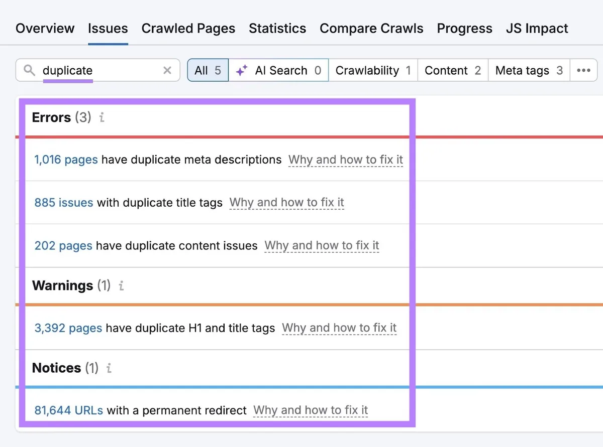 Site Audit 上的“Issues”标签页,输入“duplicate”,显示影响某站点的重复问题列表。