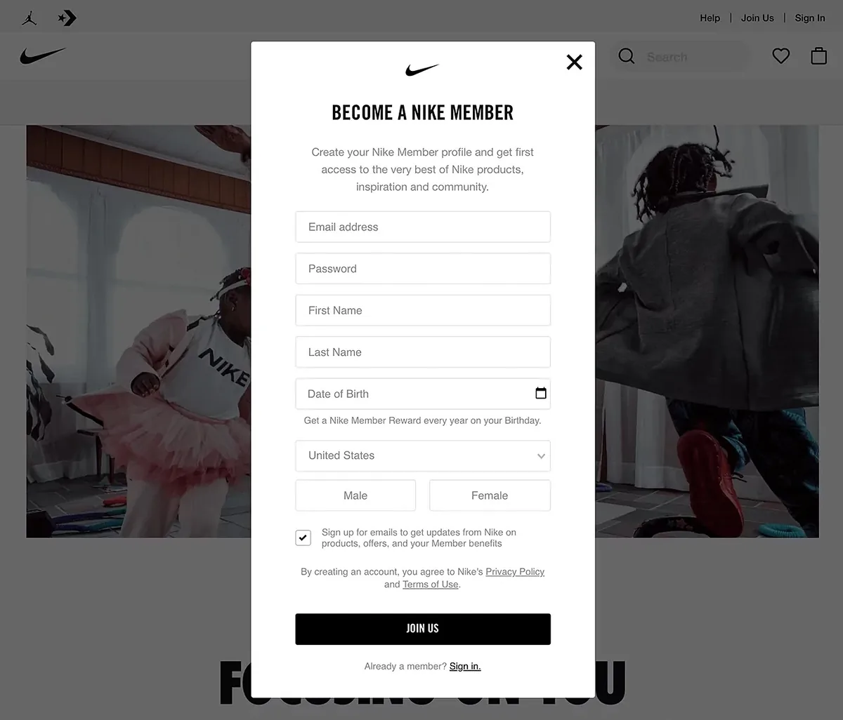 Nike 的“Become a Nike Member”表单