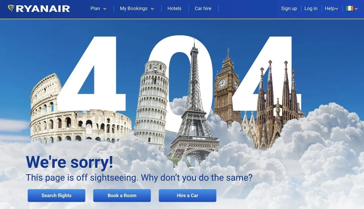 用户在 Ryanair 网站点击失效链接时看到的 404 页面。