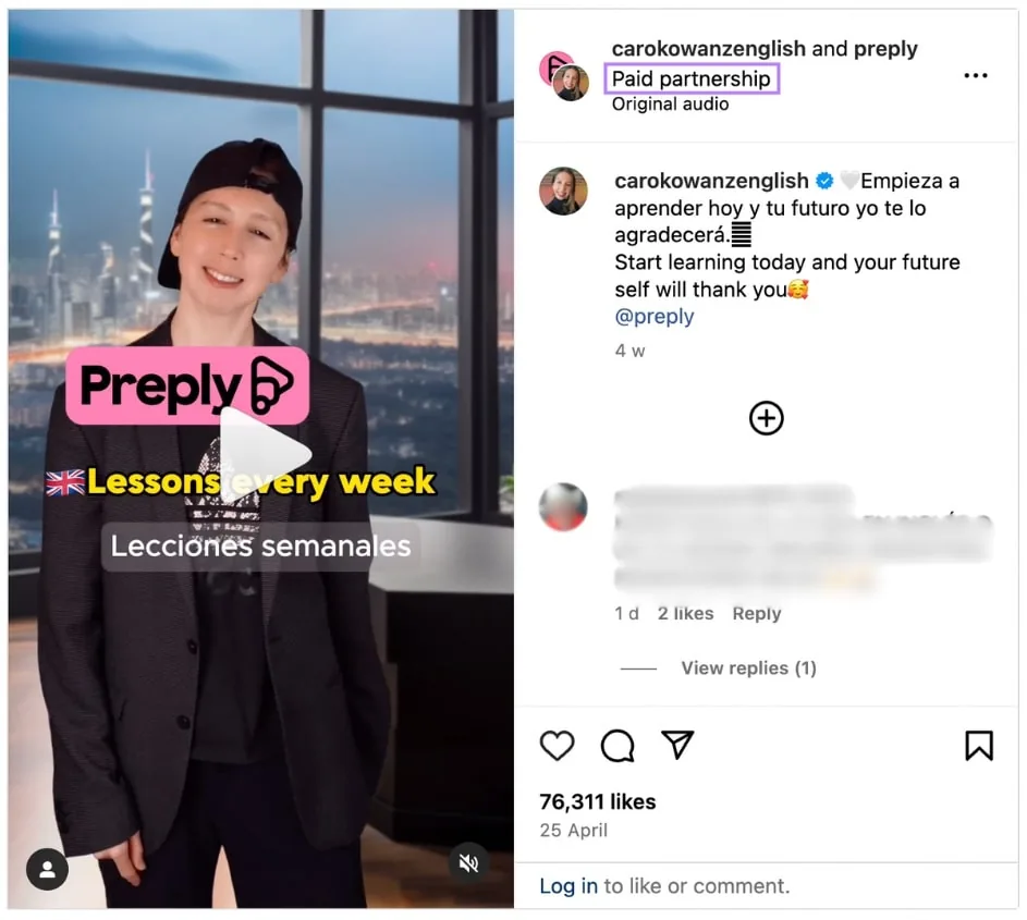 Carolina Kowanz 的 Instagram 视频,为 Preply 做广告,她打扮成酷炫的英语学习者,旁边附有评论
