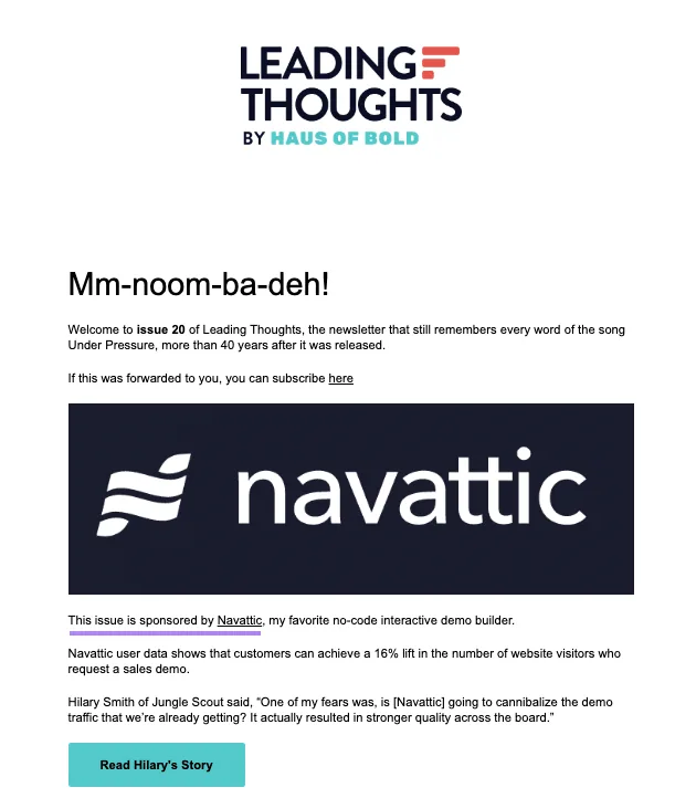 由 Navattic 赞助的 Leading Thoughts 邮件,中央有黑白相间的 Navattic 大标志