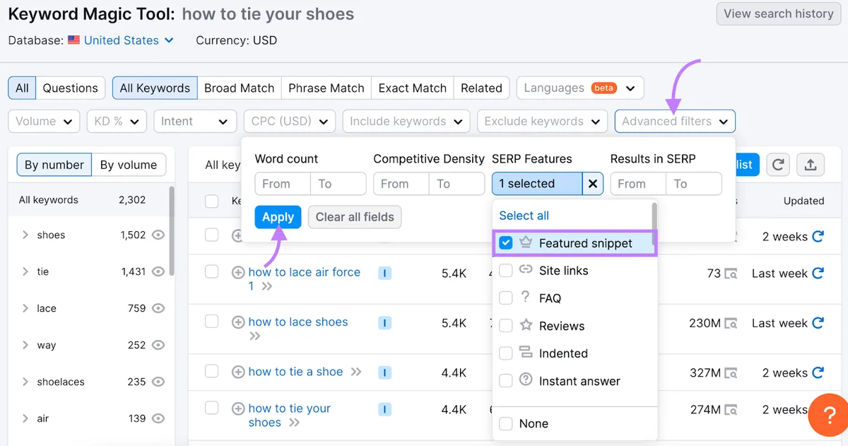 在 Keyword Magic Tool 的高级筛选器中选中的“Featured snippet”复选框