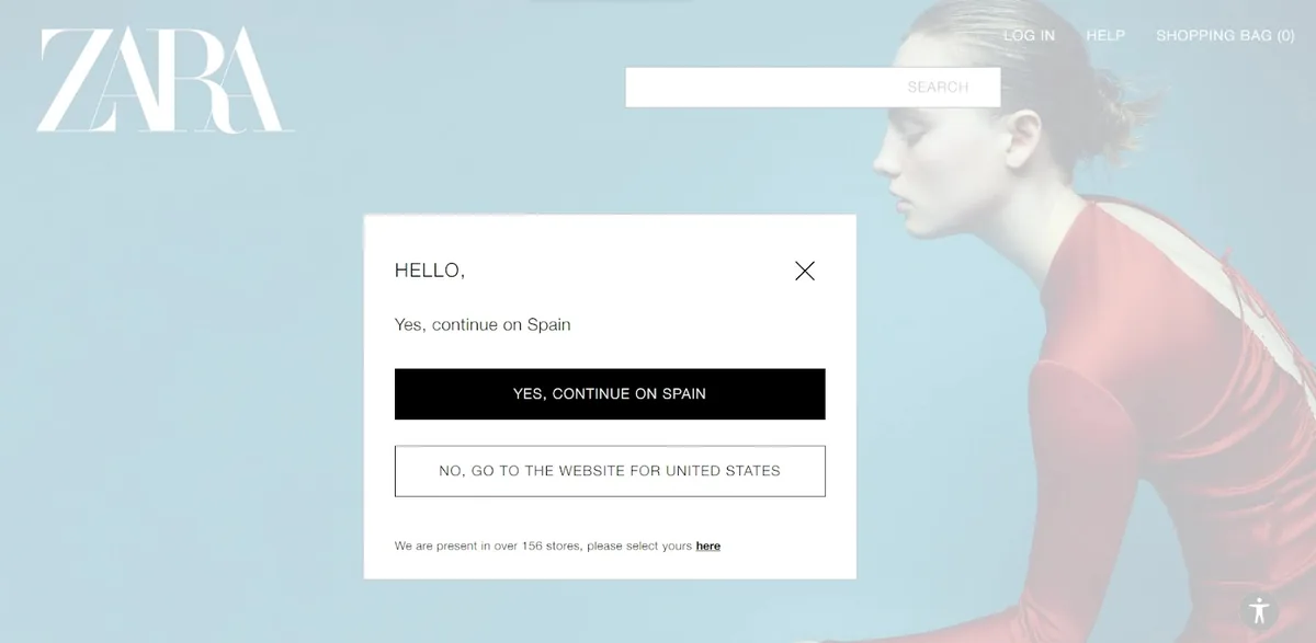 Zara 网站上的弹窗,询问用户是继续留在西班牙站还是前往美国站