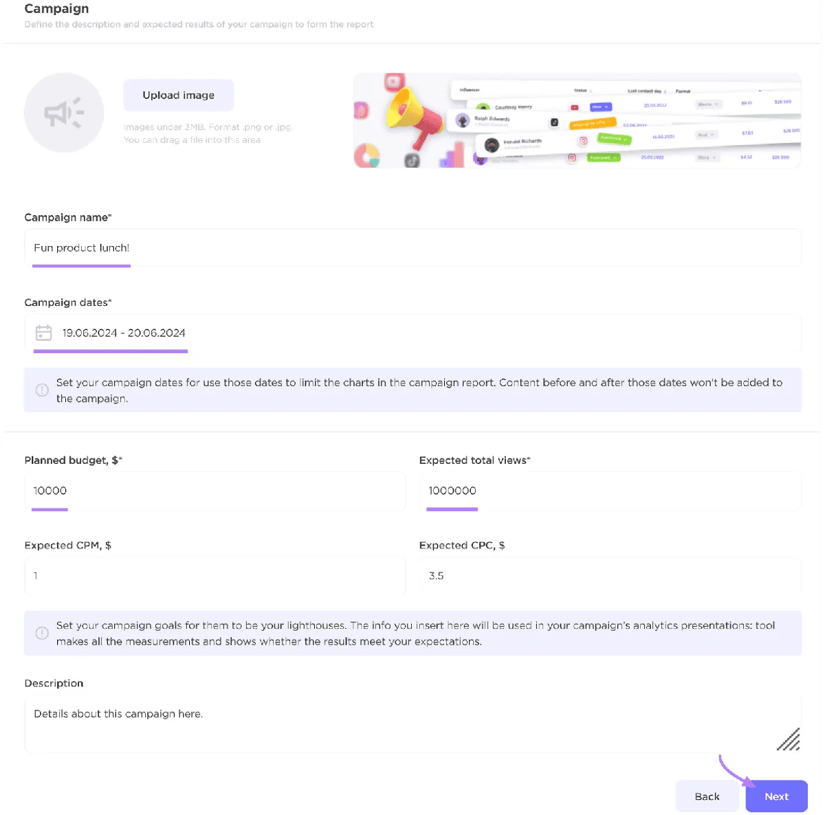 Influencer Analytics 营销活动创建界面，包含营销活动名称、日期、预算、预期观看量、CPM、CPC 等字段。