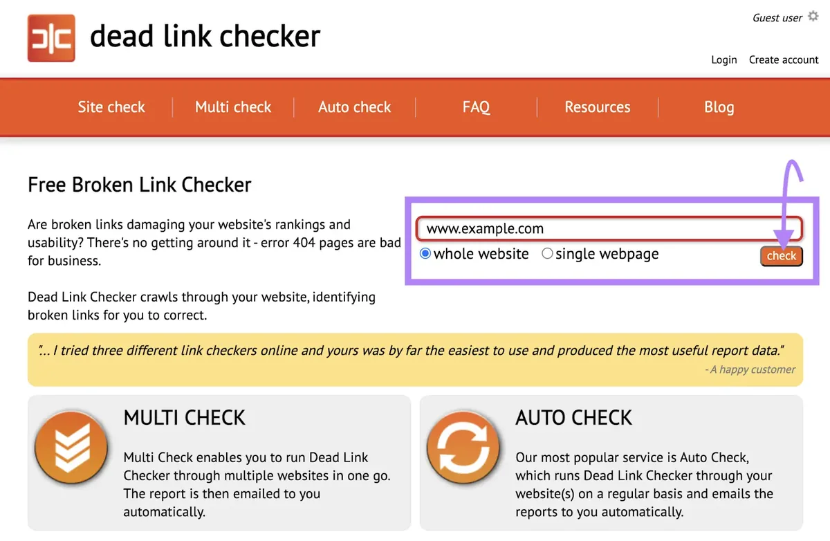 将你的网站域名添加到 Dead Link Checker 工具