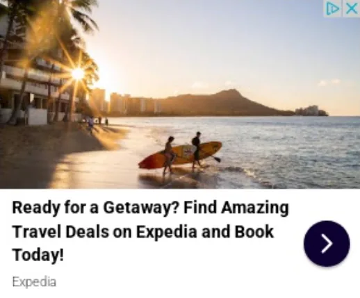 Expedia 展示广告,配以引人注目的海滩图片。