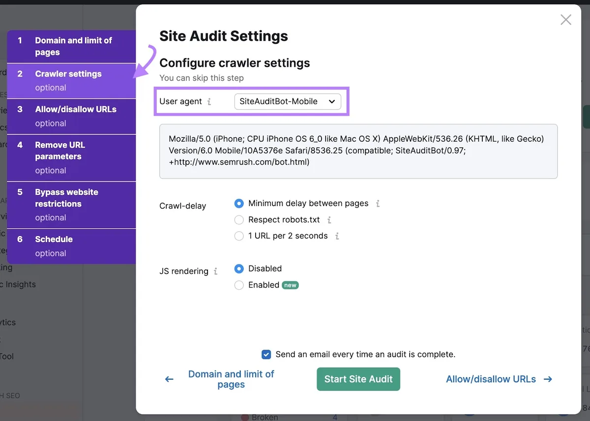 Site Audit 上的爬虫设置页面,“User agent”板块高亮。