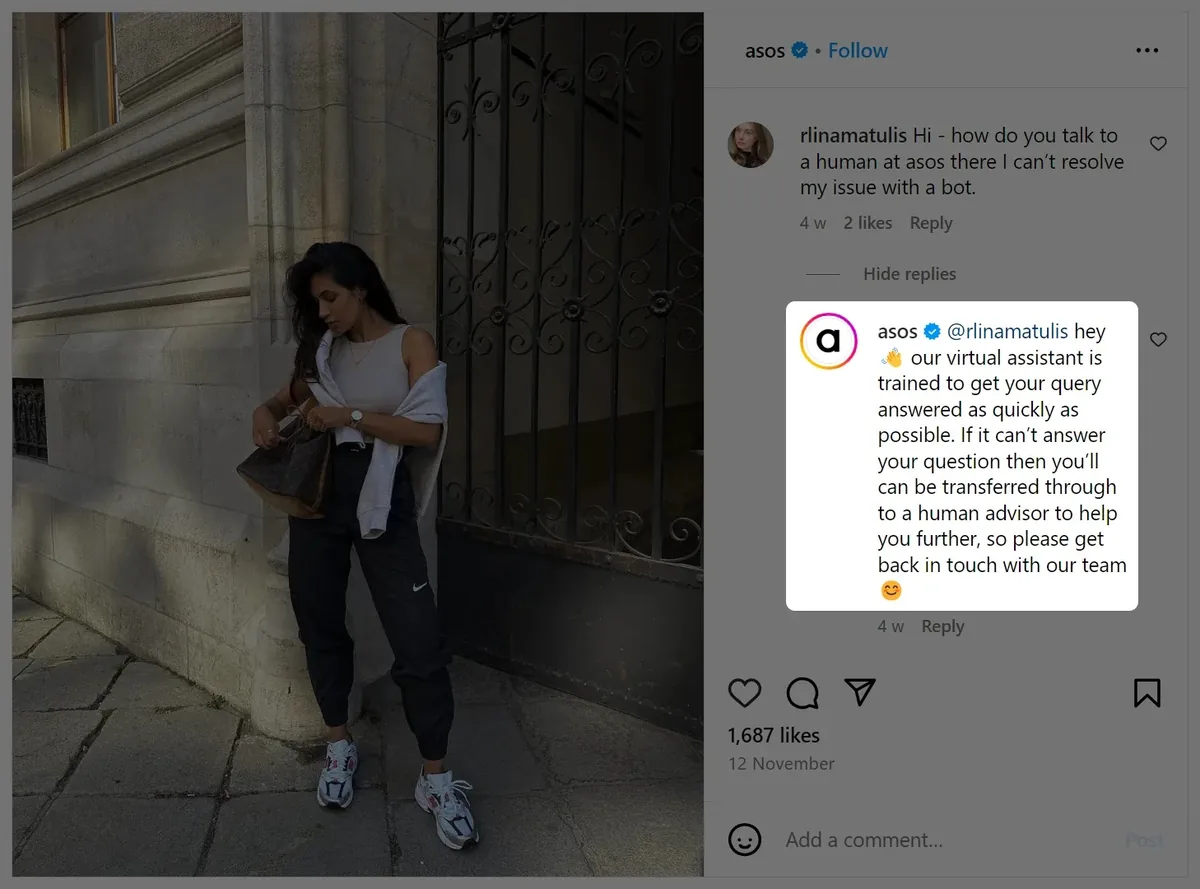 Asos 对某用户的 Instagram 回复