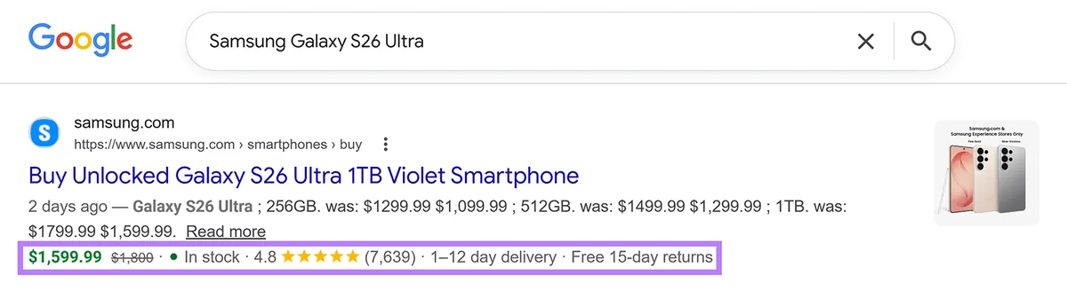 Google 搜索结果页面商品结果,展示价格、库存情况、评分和配送详情。