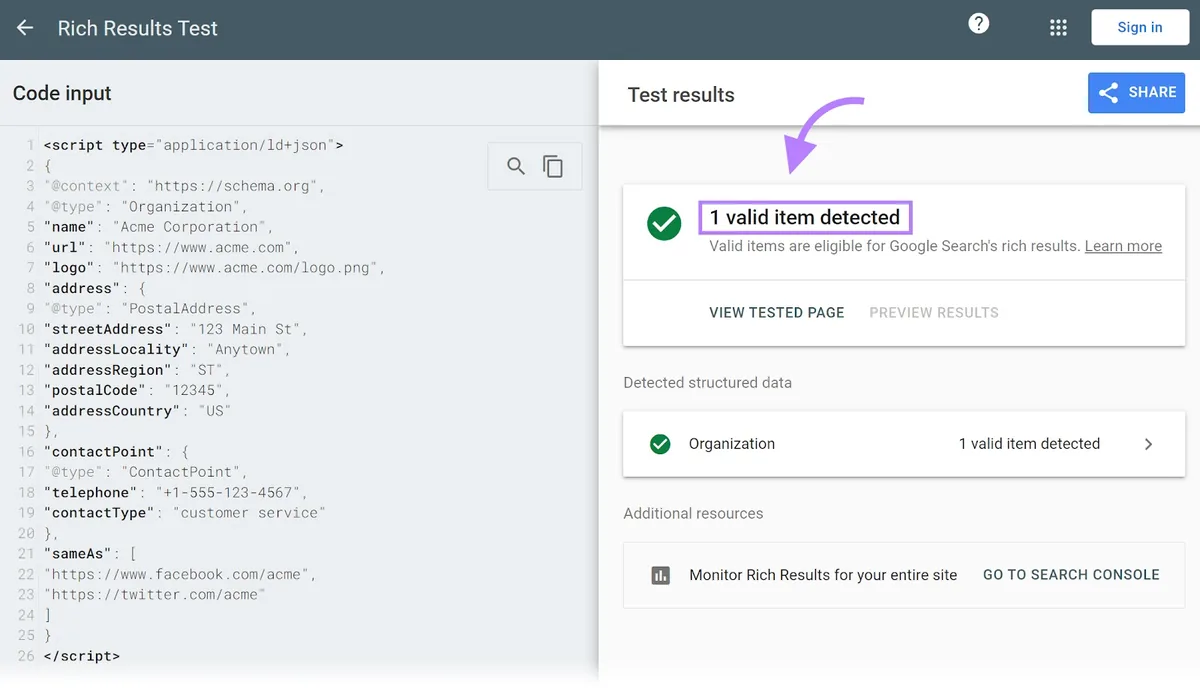 Google Rich Results Test 工具,1 valid item detected 部分已高亮显示。
