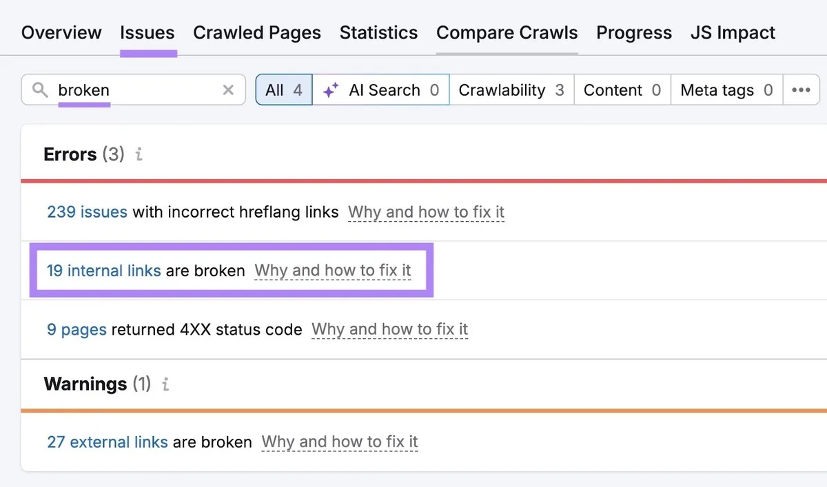 Site Audit 上的“Issues”标签页,输入“broken”,高亮“19 internal links are broken”。