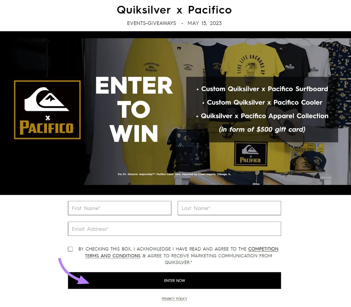Quiksilver x Pacifico 抽奖页面,含表单字段,并突出显示 Enter Now 按钮
