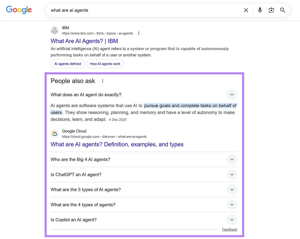 “what are AI agents”的 Google 搜索结果，展示 People also ask 问题框