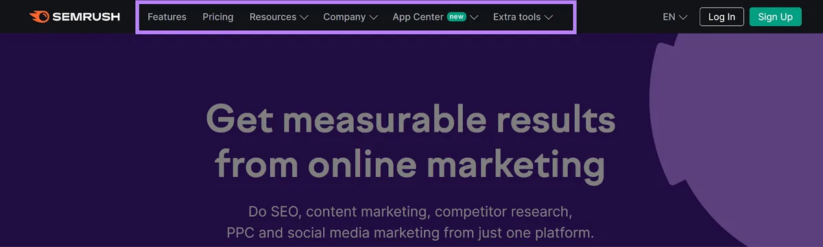 Semrush.com 首页的顶级菜单
