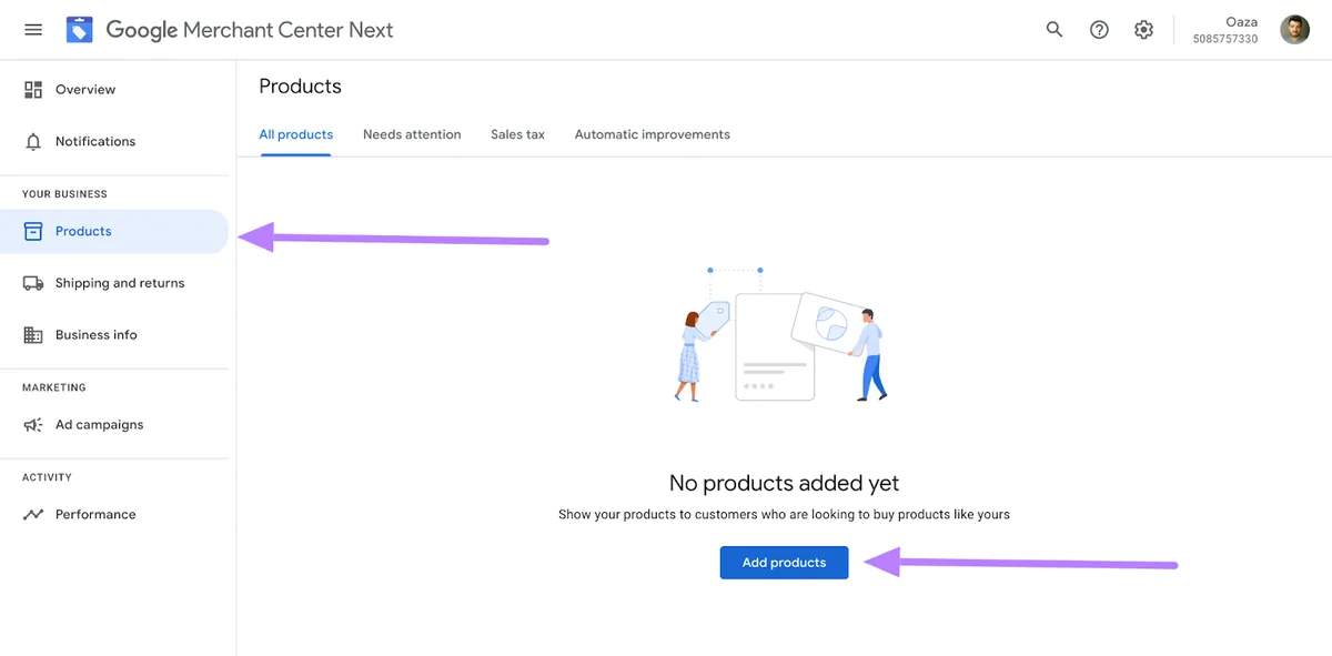 为 Google Merchant Center 菜单选中的“Products”