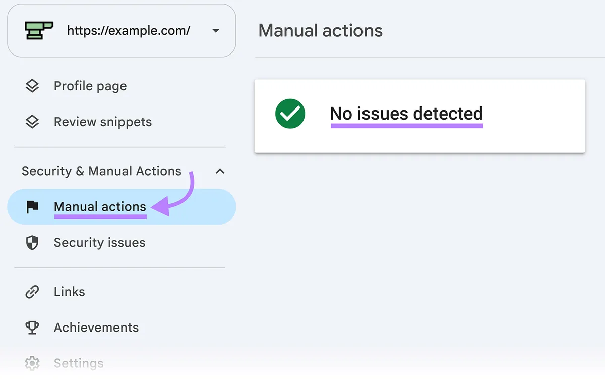 Google Search Console“手动操作”报告,显示未检测到问题