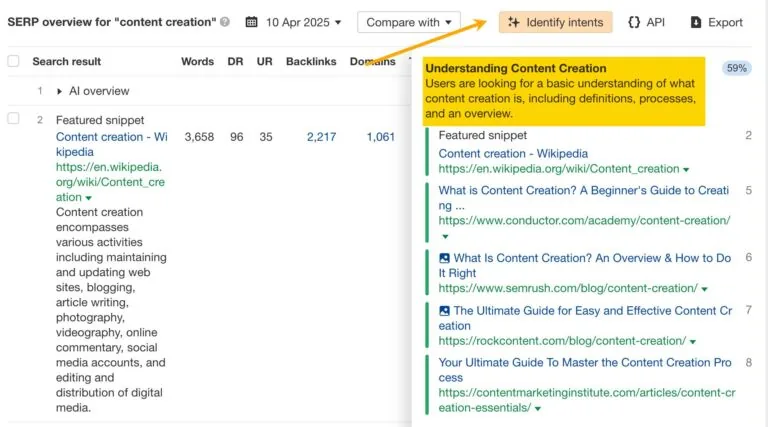 Keywords Explorer 中的识别意图功能