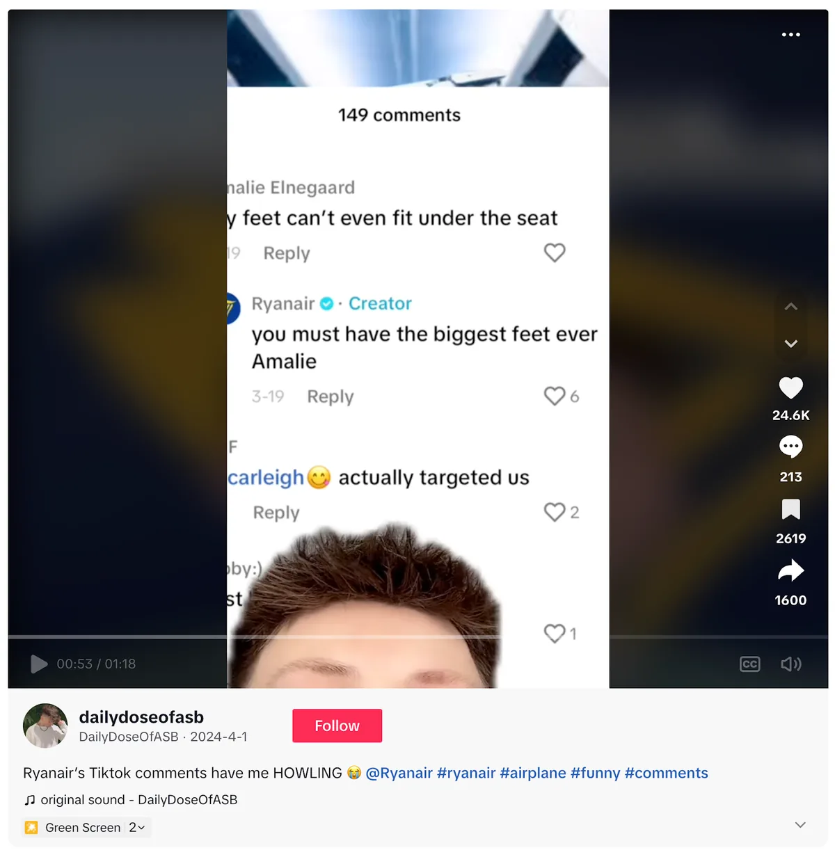 在一位内容创作者的合集视频中,突出显示 Ryanair 对用户评论的回复。
