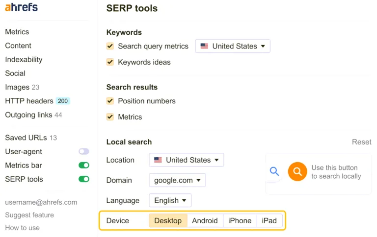 通过 Ahrefs SEO Toolbar 选择设备