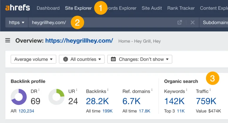 一个热门烧烤网站的预估月搜索流量，来自 Ahrefs 的 Site Explorer