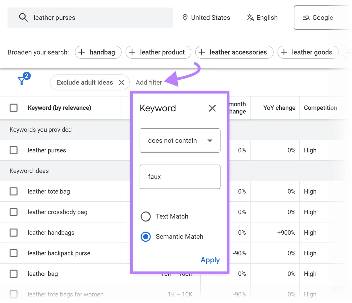 Google Keyword Planner 筛选器面板,展示应用语义匹配的关键词排除