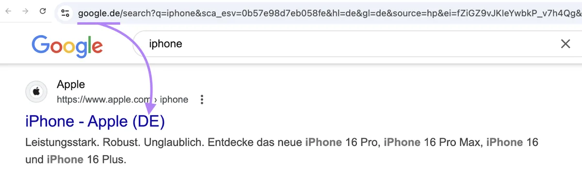 德语版 Google 在“iphone”的搜索结果页面中显示德语结果。