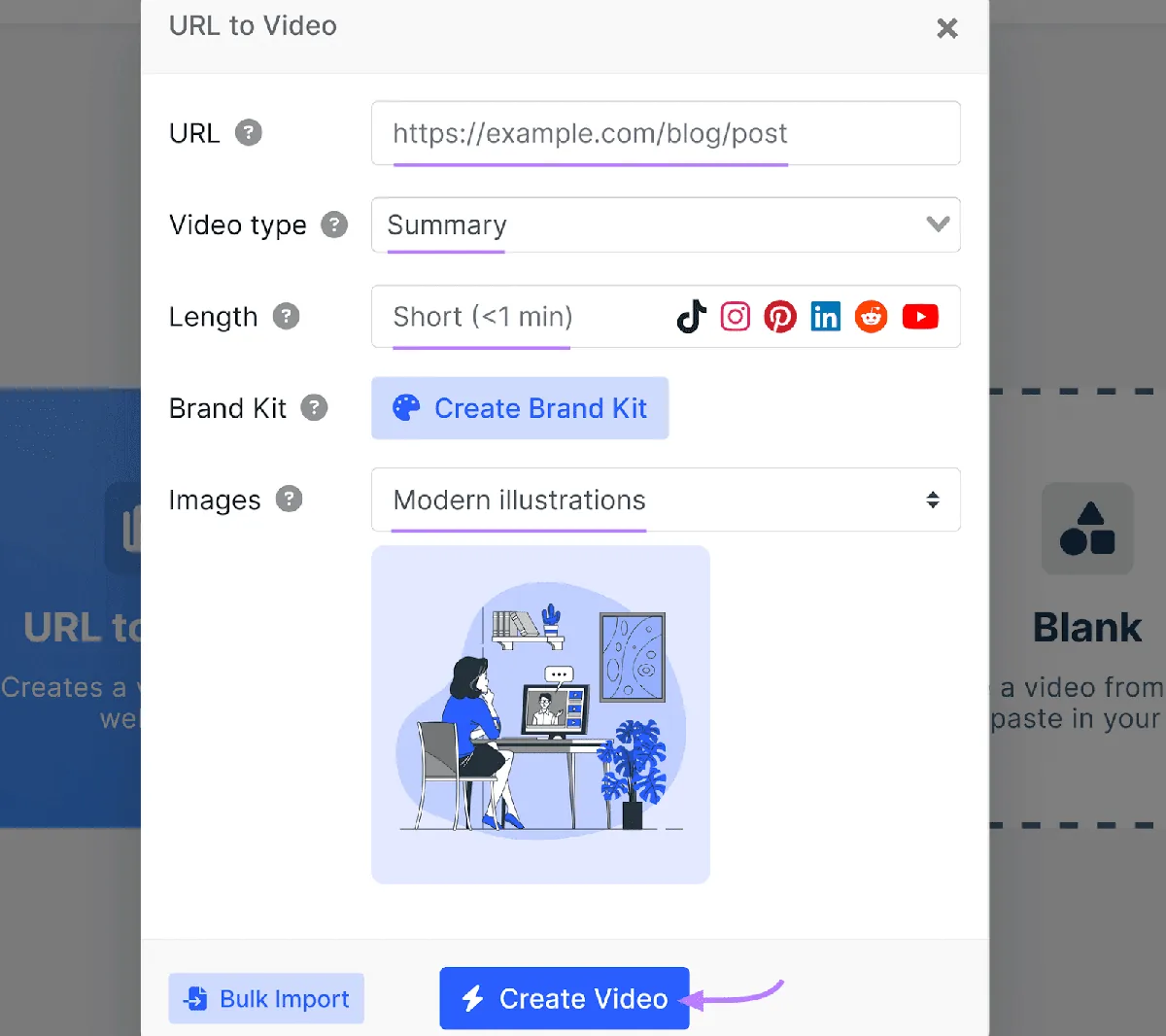 AI Video Marketing Automator 中的“URL to Video”弹出窗口，底部的“Create Video”按钮以紫色突出显示。