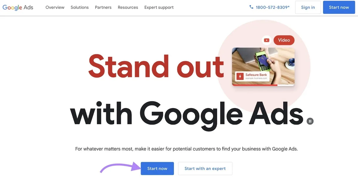 Google Ads 首页,已点击“Start Now”。