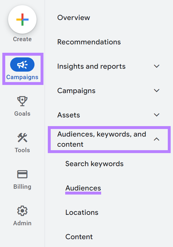 在 Google Ads 账号中导航至“受众群体”