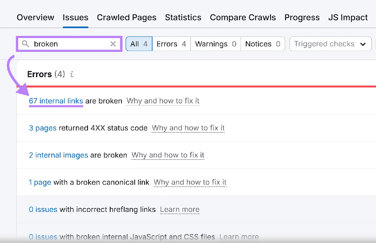 Site Audit Issues 标签页,搜索框输入“broken”,箭头指向 67 internal links are broken 错误