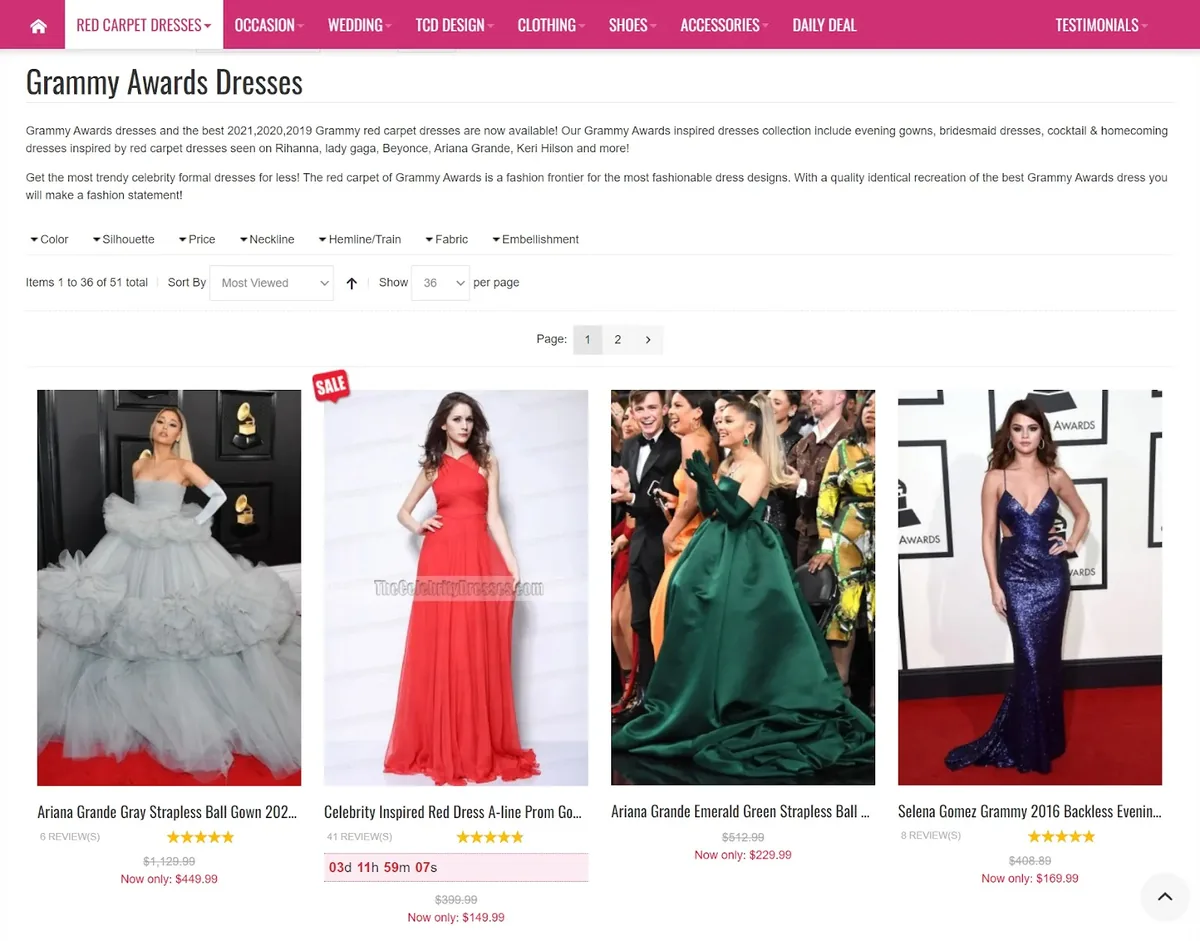TheCelebrityDresses.com 上的“Grammy Awards Dresses”页面