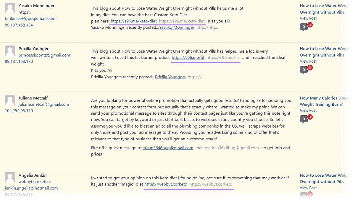 Wordpress CMS 的“Comments”标签页，显示多条包含垃圾链接的用户评论