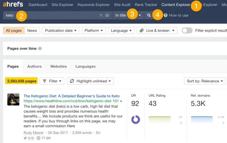 使用 Ahrefs 的 Content Explorer 查找客座文章机会