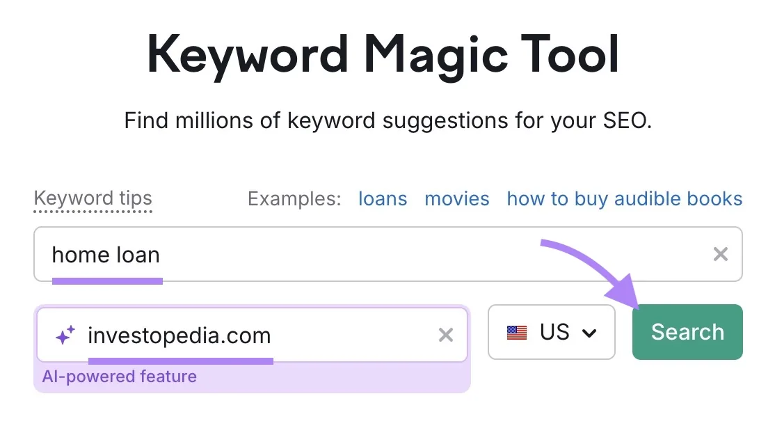 Keyword Magic Tool 起始界面,已输入词条“home loan”、域名“investopedia.com”,并点击“Search”。