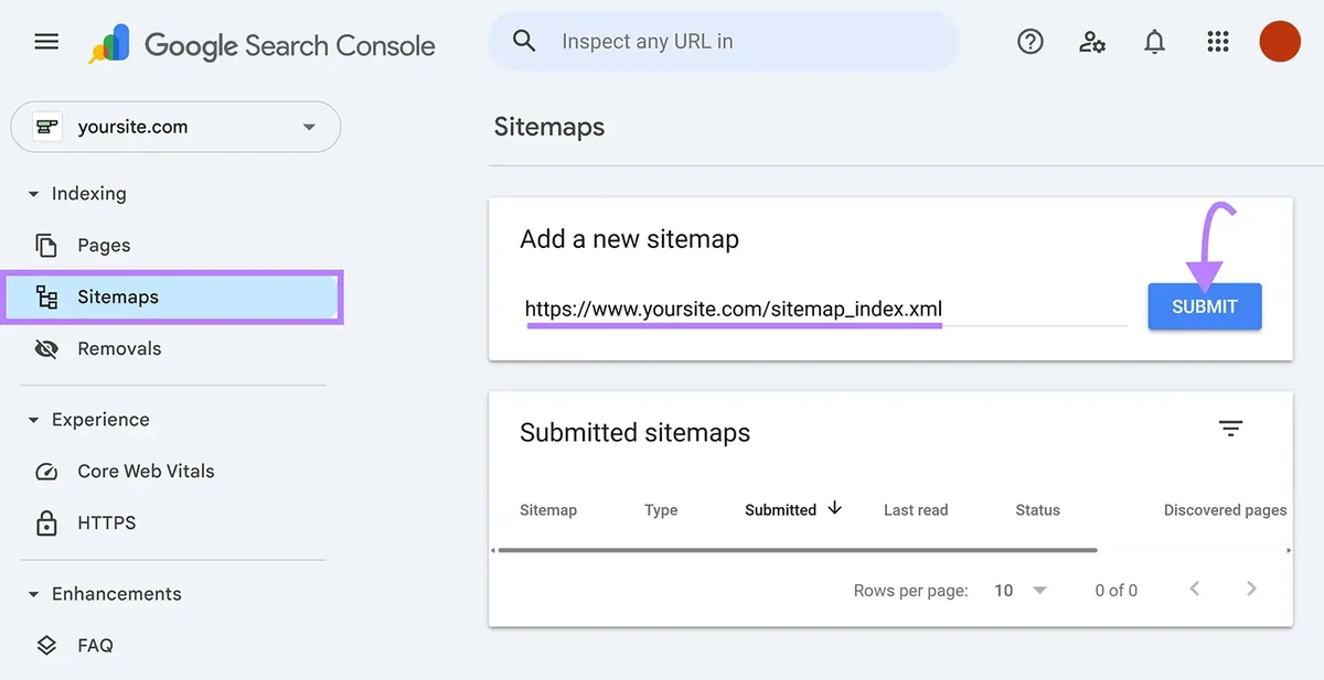 Google Search Console“站点地图”页面,已输入站点地图 URL,Submit 按钮已高亮显示