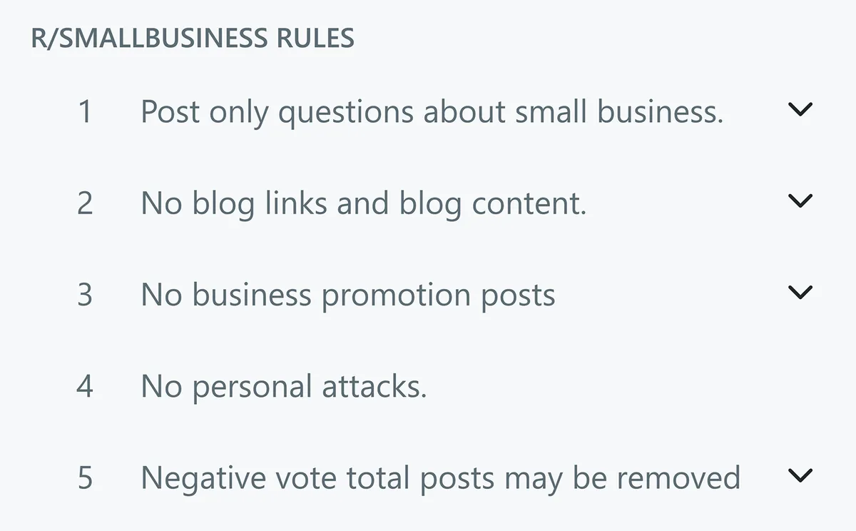 r/smallbusiness 子版块的规则列表,含五项发帖限制。